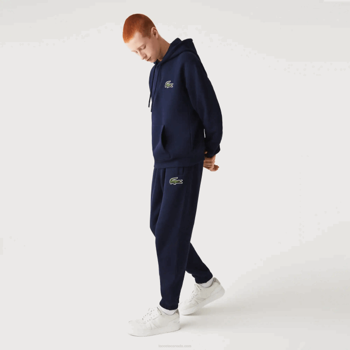 Men Lacoste V0ZN366 Navy Blue 166 Loose Fit Hooded Organic Cotton Sweatshirt - Image 4