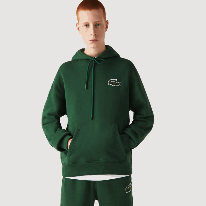 Men Lacoste V0ZN367 Green 132 Loose Fit Hooded Organic Cotton Sweatshirt - Image 2