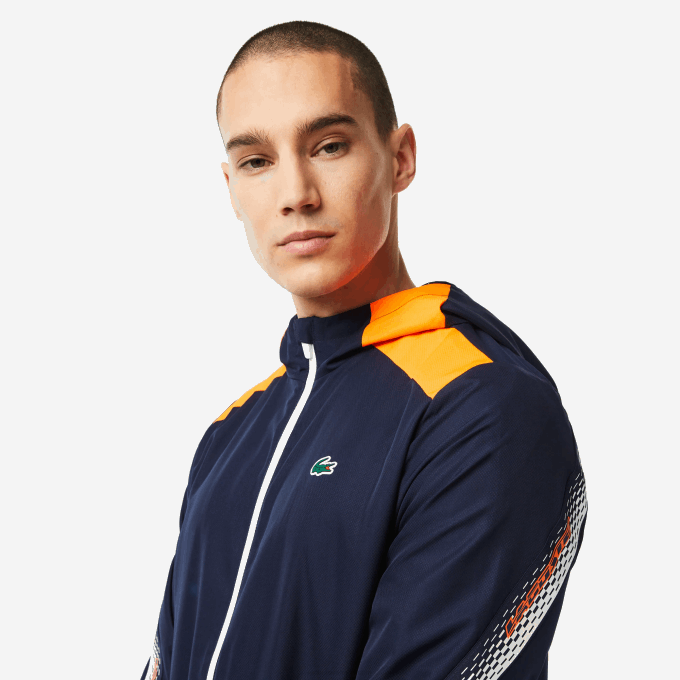 Men Lacoste V0ZN379 Navy Blue Orange White AG4 Tennis Recycled Polyester Hooded Jacket - Image 2