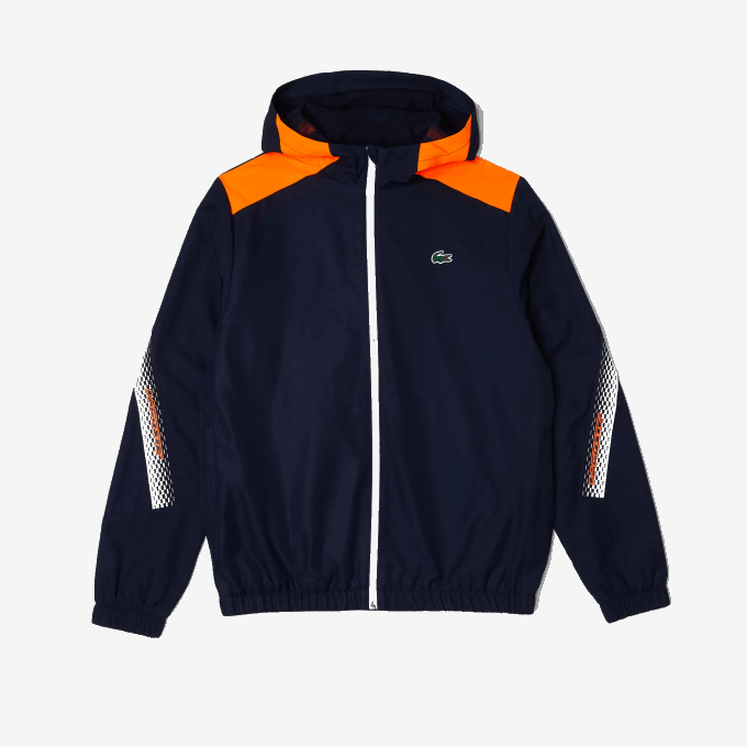 Men Lacoste V0ZN379 Navy Blue Orange White AG4 Tennis Recycled Polyester Hooded Jacket - Image 4