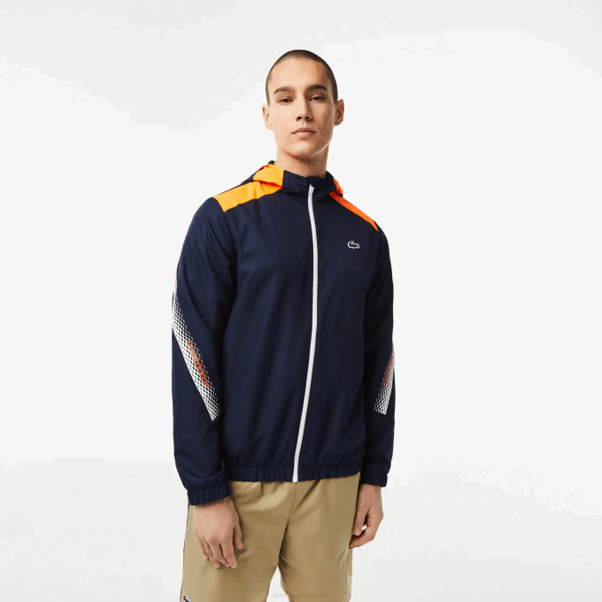 Men Lacoste V0ZN379 Navy Blue Orange White AG4 Tennis Recycled Polyester Hooded Jacket - Image 1