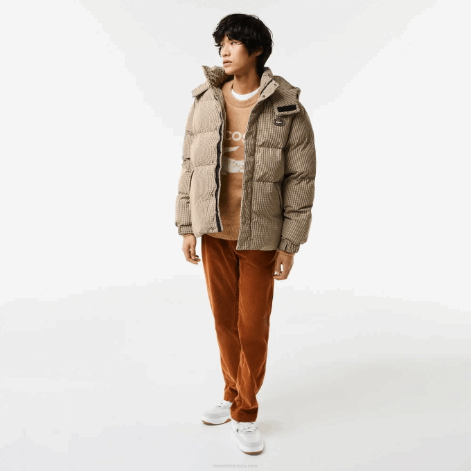 Men Lacoste V0ZN399 Beige Navy Khaki Green 87E Check Print Water-Repellent Twill Padded Jacket - Image 2