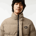 Men Lacoste V0ZN399 Beige Navy Khaki Green 87E Check Print Water-Repellent Twill Padded Jacket - Image 6