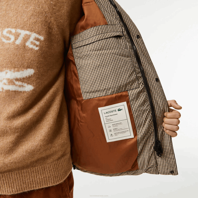 Men Lacoste V0ZN399 Beige Navy Khaki Green 87E Check Print Water-Repellent Twill Padded Jacket - Image 7