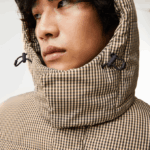 Men Lacoste V0ZN399 Beige Navy Khaki Green 87E Check Print Water-Repellent Twill Padded Jacket - Image 8