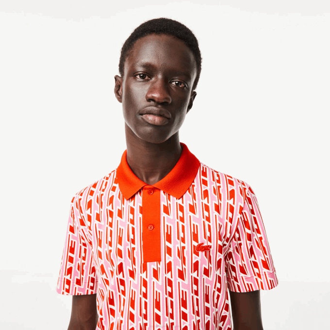 Men Lacoste V0ZN3 Pink Red 9HY Active Movement Two-Tone Printed Polo - Image 2