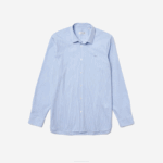 Men Lacoste V0ZN400 White Blue F6Z Slim Fit Striped Stretch Poplin Shirt - Image 5