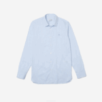 Men Lacoste V0ZN401 White Blue F6Z Slim Fit Check Stretch Poplin Shirt