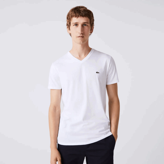 Men Lacoste V0ZN40 White 001 V-Neck Pima Cotton Jersey T-Shirt - Image 2