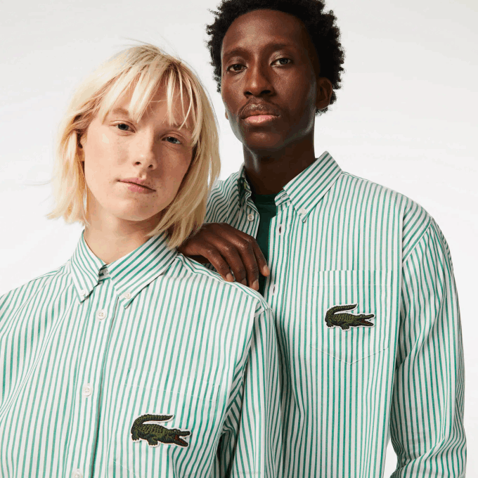 Men Lacoste V0ZN411 White Green 737 Relaxed Fit Large Crocodile Cotton Shirt - Image 2