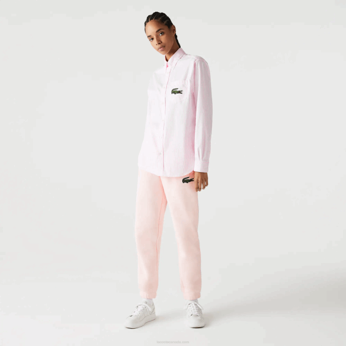 Men Lacoste V0ZN412 White Light Pink 7FD Relaxed Fit Large Crocodile Cotton Shirt - Image 2