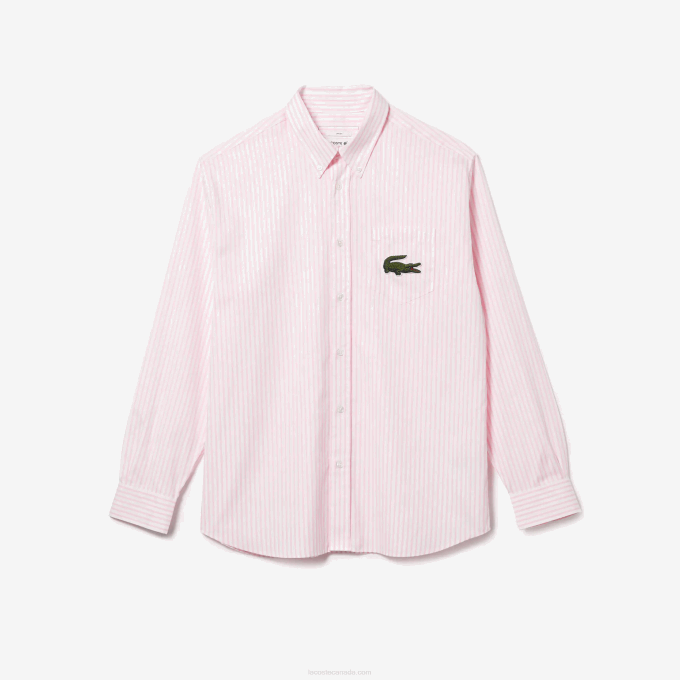 Men Lacoste V0ZN412 White Light Pink 7FD Relaxed Fit Large Crocodile Cotton Shirt - Image 5