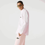 Men Lacoste V0ZN412 White Light Pink 7FD Relaxed Fit Large Crocodile Cotton Shirt - Image 6