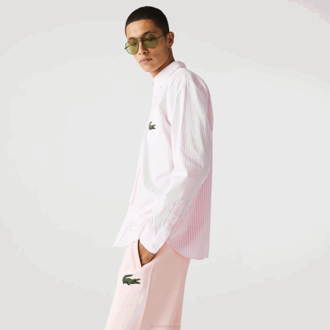 Men Lacoste V0ZN412 White Light Pink 7FD Relaxed Fit Large Crocodile Cotton Shirt - Image 6
