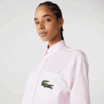 Men Lacoste V0ZN412 White Light Pink 7FD Relaxed Fit Large Crocodile Cotton Shirt - Image 7