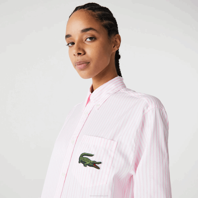Men Lacoste V0ZN412 White Light Pink 7FD Relaxed Fit Large Crocodile Cotton Shirt - Image 7