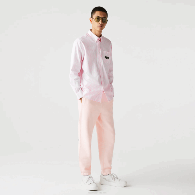 Men Lacoste V0ZN412 White Light Pink 7FD Relaxed Fit Large Crocodile Cotton Shirt - Image 8