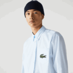 Men Lacoste V0ZN413 Blue GN2 Relaxed Fit Large Crocodile Cotton Shirt - Image 4