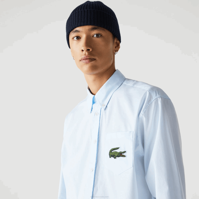Men Lacoste V0ZN413 Blue GN2 Relaxed Fit Large Crocodile Cotton Shirt - Image 4