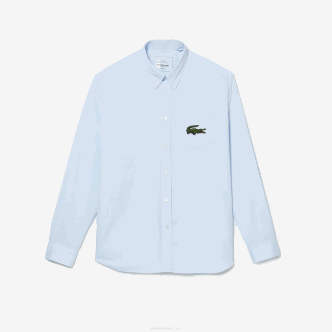 Men Lacoste V0ZN413 Blue GN2 Relaxed Fit Large Crocodile Cotton Shirt - Image 5