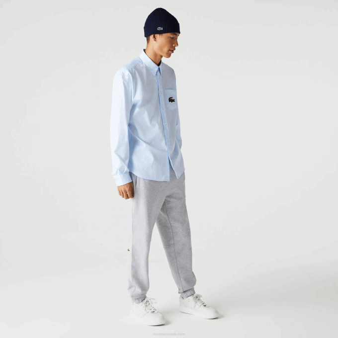 Men Lacoste V0ZN413 Blue GN2 Relaxed Fit Large Crocodile Cotton Shirt - Image 6