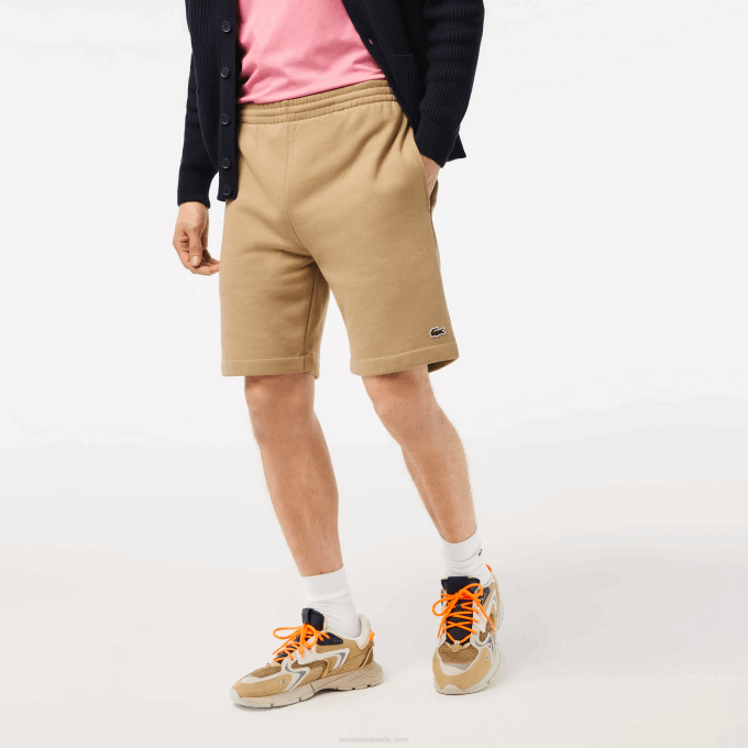 Men Lacoste V0ZN414 Beige CB8 Organic Brushed Cotton Fleece Shorts - Image 2