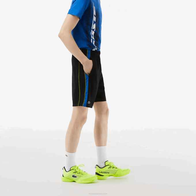 Men Lacoste V0ZN425 Black Blue Yellow XIS Recycled Polyester Tennis Shorts - Image 2