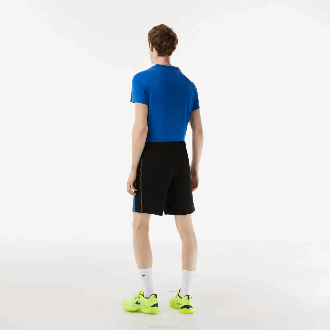 Men Lacoste V0ZN425 Black Blue Yellow XIS Recycled Polyester Tennis Shorts - Image 3