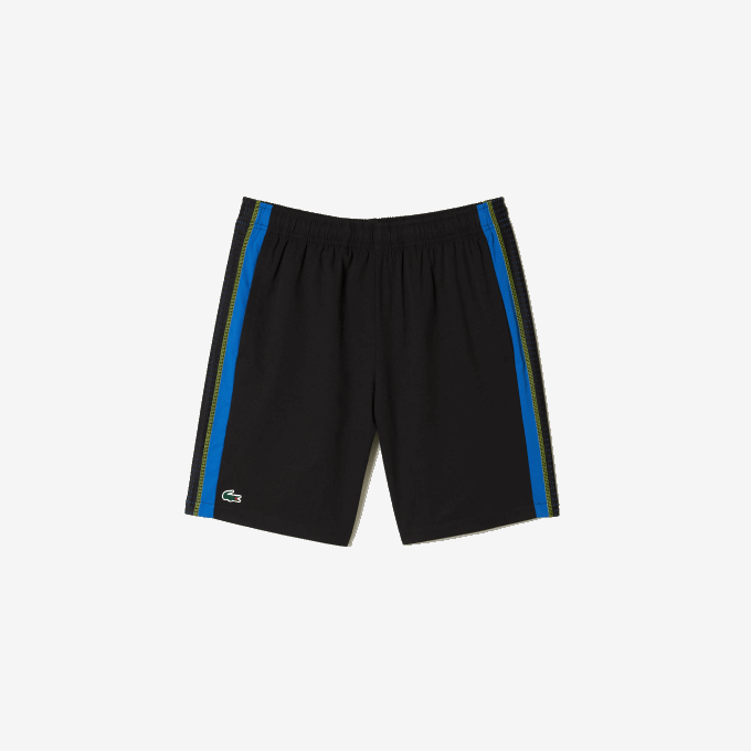 Men Lacoste V0ZN425 Black Blue Yellow XIS Recycled Polyester Tennis Shorts - Image 4