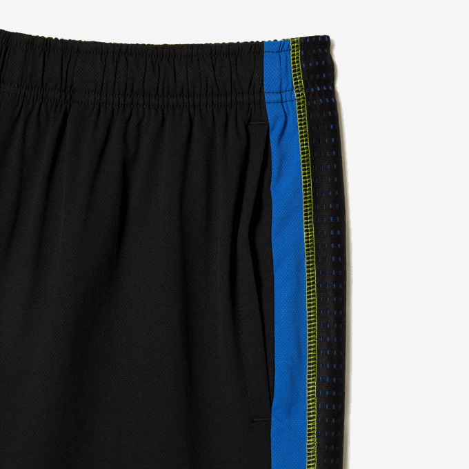 Men Lacoste V0ZN425 Black Blue Yellow XIS Recycled Polyester Tennis Shorts - Image 5