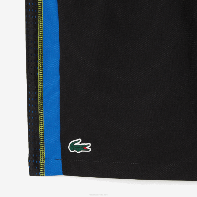 Men Lacoste V0ZN425 Black Blue Yellow XIS Recycled Polyester Tennis Shorts - Image 6