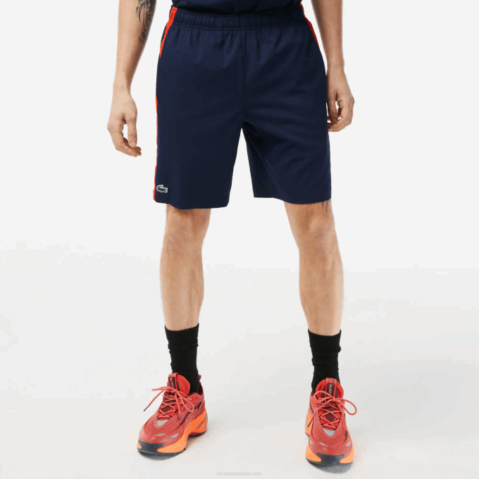 Men Lacoste V0ZN426 Navy Blue Red Orange XII Recycled Polyester Tennis Shorts - Image 2