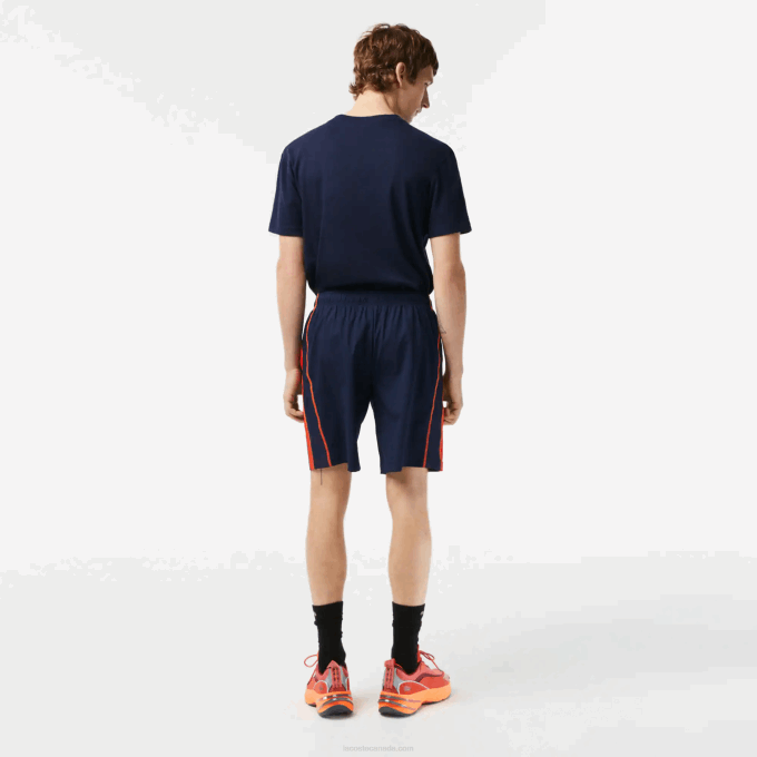 Men Lacoste V0ZN426 Navy Blue Red Orange XII Recycled Polyester Tennis Shorts - Image 3