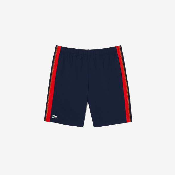 Men Lacoste V0ZN426 Navy Blue Red Orange XII Recycled Polyester Tennis Shorts - Image 4