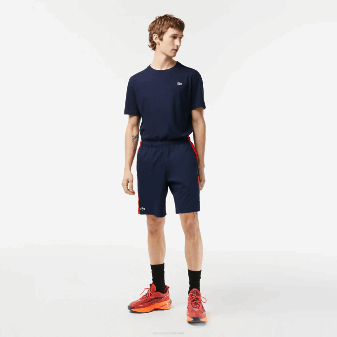 Men Lacoste V0ZN426 Navy Blue Red Orange XII Recycled Polyester Tennis Shorts - Image 1