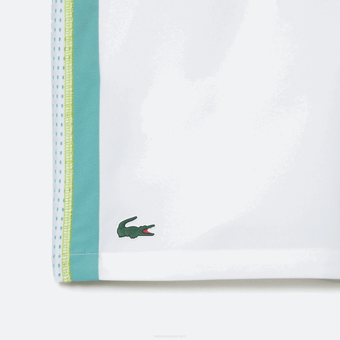 Men Lacoste V0ZN427 White Green Yellow BH3 Recycled Polyester Tennis Shorts - Image 5