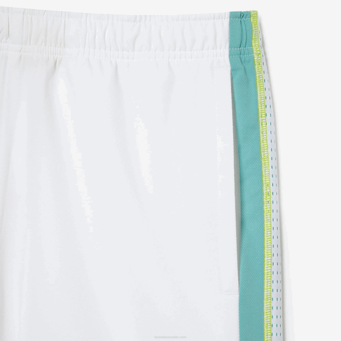Men Lacoste V0ZN427 White Green Yellow BH3 Recycled Polyester Tennis Shorts - Image 6