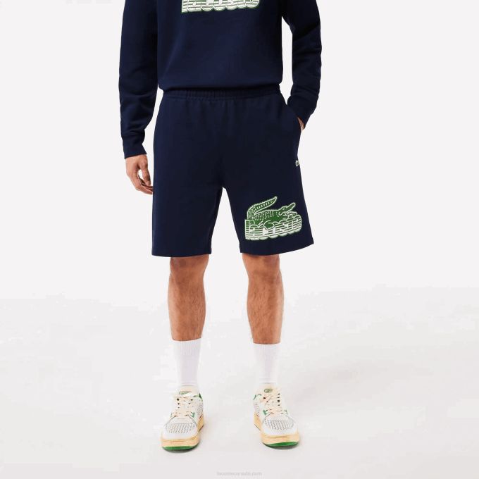 Men Lacoste V0ZN430 Navy Blue 166 Unbrushed Cotton Fleece Shorts - Image 2