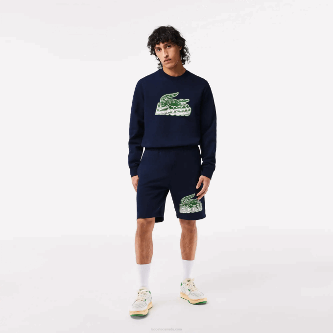 Men Lacoste V0ZN430 Navy Blue 166 Unbrushed Cotton Fleece Shorts - Image 1