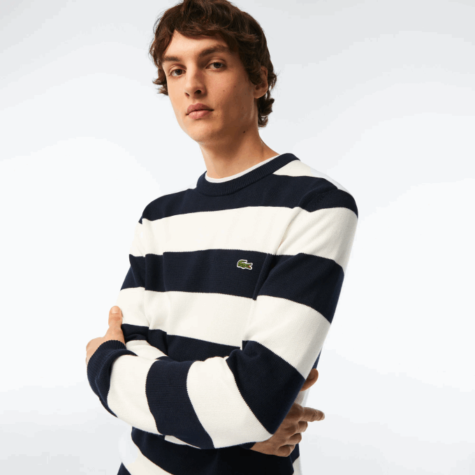 Men Lacoste V0ZN439 Black/White HHW Striped Organic Cotton Jersey Sweater - Image 2