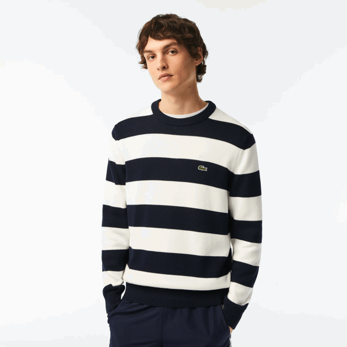 Men Lacoste V0ZN439 Black/White HHW Striped Organic Cotton Jersey Sweater - Image 1