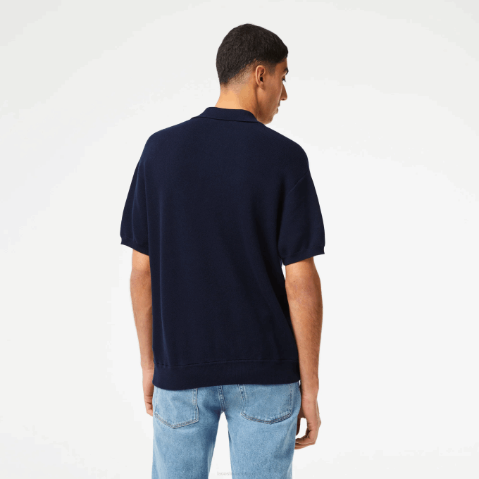 Men Lacoste V0ZN440 Navy Blue 423 Organic Cotton Stripe Polo - Image 3