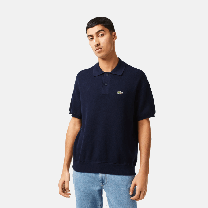 Men Lacoste V0ZN440 Navy Blue 423 Organic Cotton Stripe Polo - Image 1
