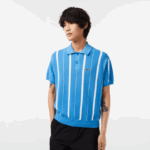 Men Lacoste V0ZN441 Blue White CLT Organic Cotton Stripe Polo
