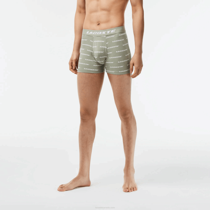 Men Lacoste V0ZN447 Khaki Green Grey Chine GC9 3-Pack Logo Print Jersey Boxers - Image 2
