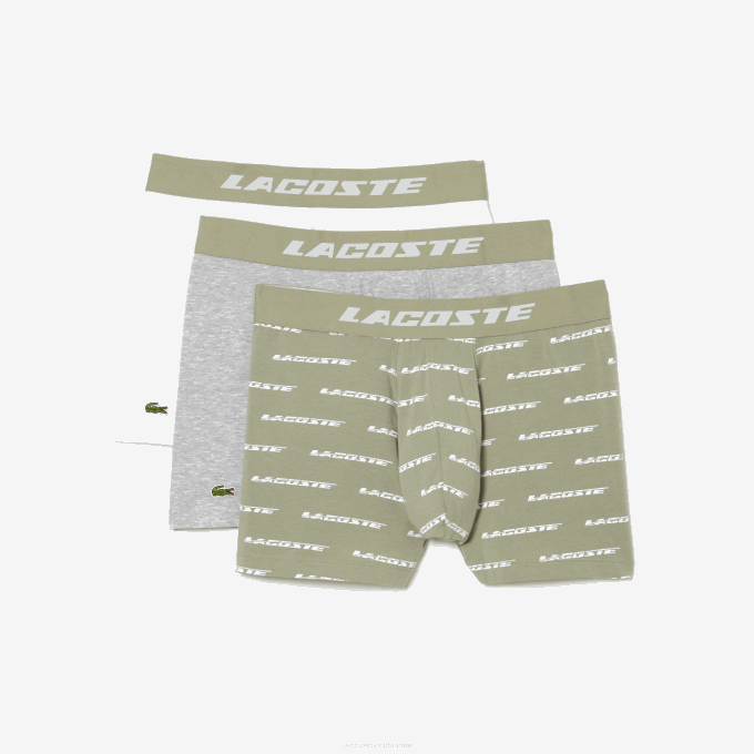Men Lacoste V0ZN447 Khaki Green Grey Chine GC9 3-Pack Logo Print Jersey Boxers - Image 5