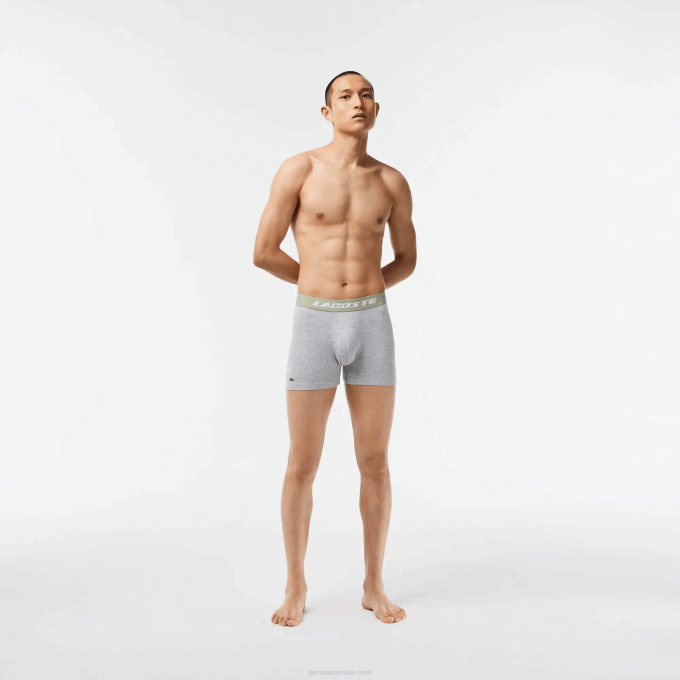 Men Lacoste V0ZN447 Khaki Green Grey Chine GC9 3-Pack Logo Print Jersey Boxers - Image 1