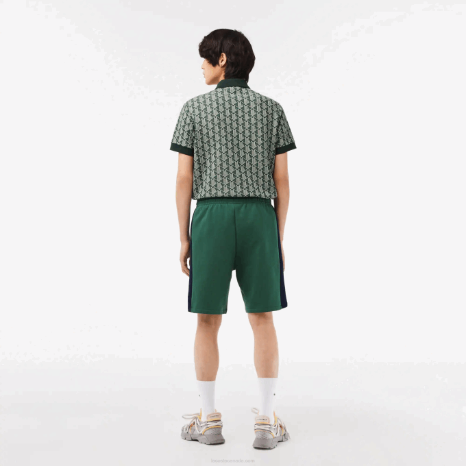 Men Lacoste V0ZN456 Green Navy Blue White WN7 Brushed Fleece Colorblock Shorts - Image 3