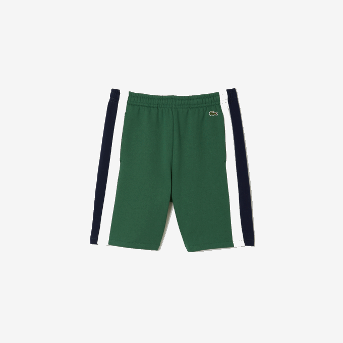 Men Lacoste V0ZN456 Green Navy Blue White WN7 Brushed Fleece Colorblock Shorts - Image 4