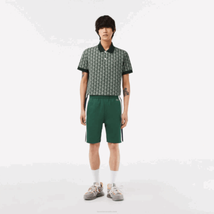 Men Lacoste V0ZN456 Green Navy Blue White WN7 Brushed Fleece Colorblock Shorts